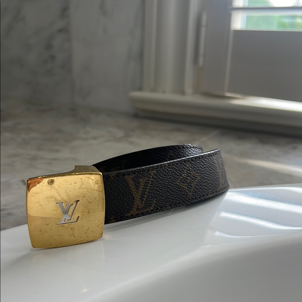 Louis Vuitton Black Monogram Belt with Gold Buckle